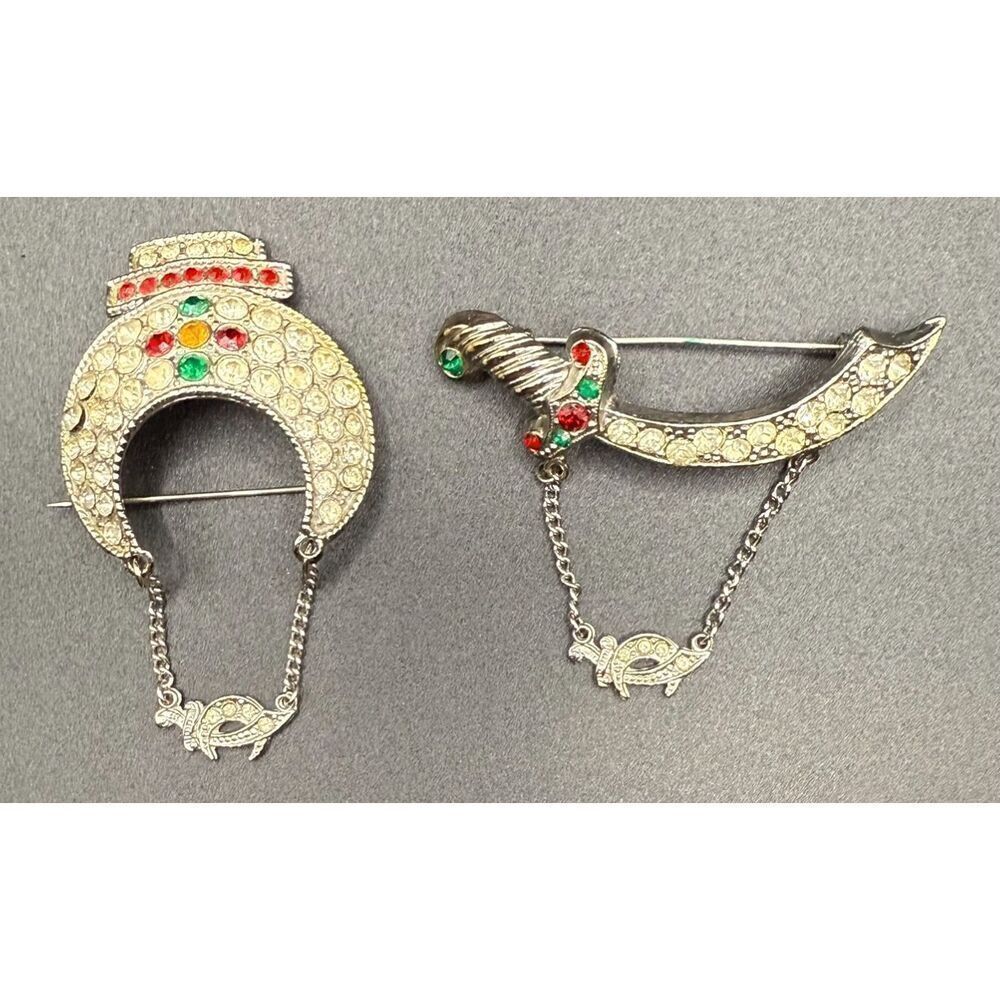 Masonic Shriners Crescent Moon & Scimitar Brooches Set of 2 Vintage